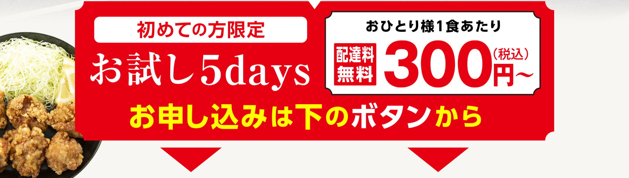 初めての方限定「お試し5days」
            おひとり様1食あたり税込300円～（送料無料）お申し込みは下のボタンから