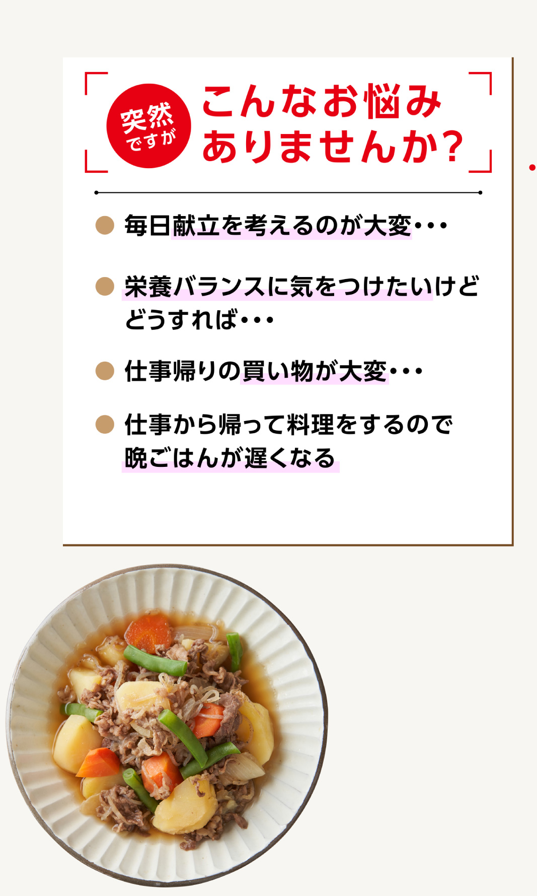 
                こんなお悩みありませんか？
                ●毎日献立を考えるのが大変
                ●栄養バランスに気を付けたい
                ●仕事帰りの買い物が大変
                ●仕事から帰って料理をするので晩ごはんが遅くなる