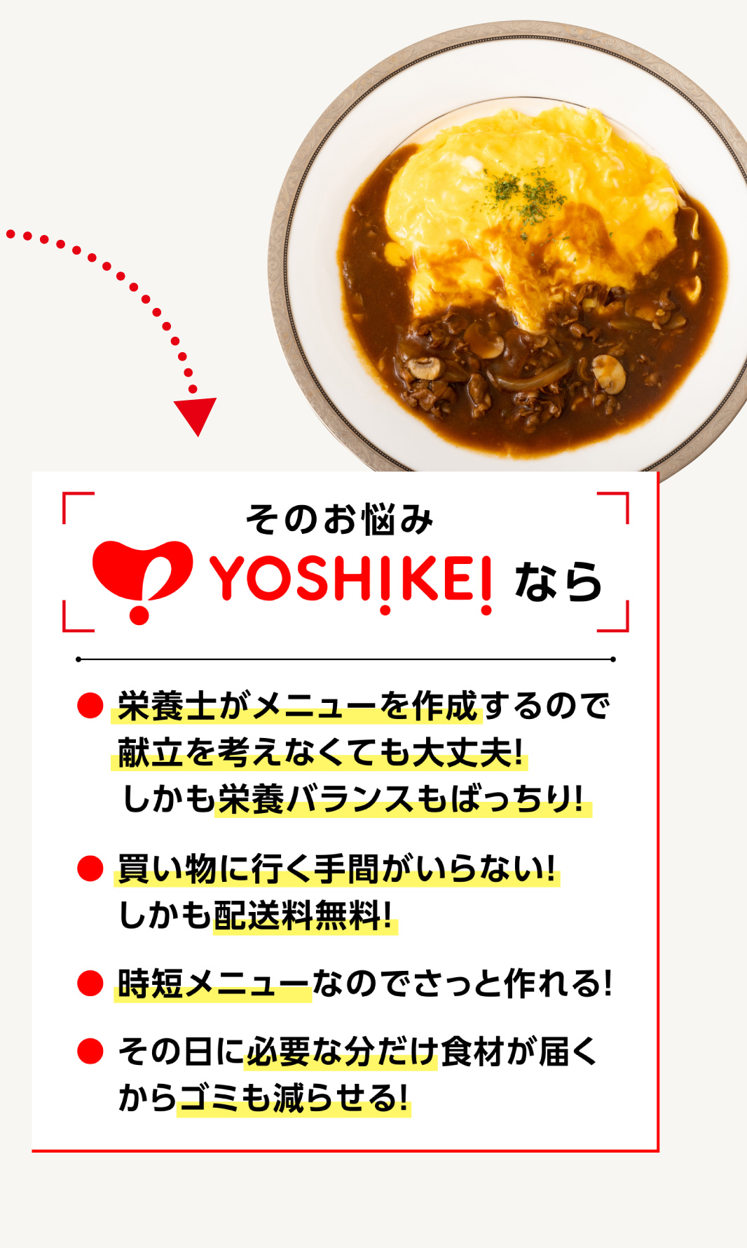 
                そのお悩みYOSHIKEIなら
                ●栄養士がメニュー作成
                ●買い物に行く手間がいらない、配送料無料
                ●時短メニュー
                ●必要な分だけ食材が届くからゴミも減らせる