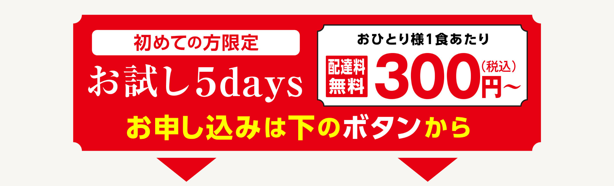 
            初めての方限定「お試し5days」
            おひとり様1食あたり税込300円～（送料無料）お申し込みは下のボタンから