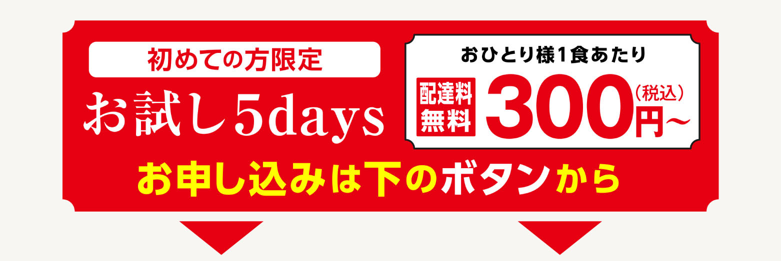 
            初めての方限定「お試し5days」
            おひとり様1食あたり税込300円～（送料無料）お申し込みは下のボタンから